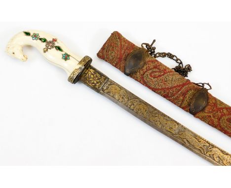 A 19thC Indian Shamshir sword, the slightly curved blade decorated with a hunting scene in gold inlay, the ivory grip carved 