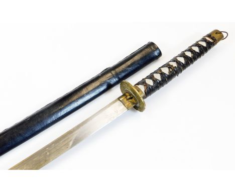 A 20thC samurai sword, with curved plain blade, bound handle and plain pommel with compressed loop top, plain scabbard, 110cm