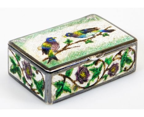 A mid 20thC enamel casket, of rectangular form, marked to Lady Hailey from the Oudh Ladies Club, profusely decorated with bir