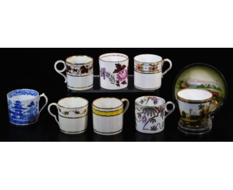 Various 18th and 19thC coffee cans, to include Spode, of cylindrical form with an upper floral gilt highlighted banding set w