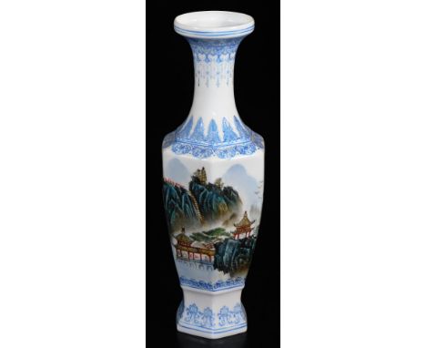 A Chinese Republic style vase, of hexagonal form with trumpet neck, decorated in enamels pavilions in mountainous landscape, 