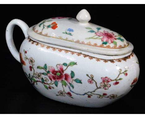 A scarce famille rose Chinese export porcelain bourdaloue, the cover with a spearhead border, floral sprays and finial over t