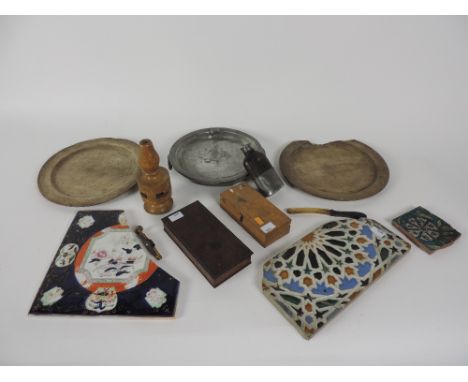 A mixed lot, 19th Century mahogany cased Surveyor's Instruments, a cased Eye Glass, cased Weights, some pewter, a hot plate, 