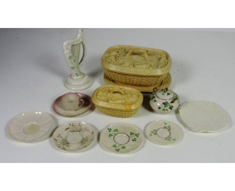 A 19th Century glazed earthenware Game Pie Dish, cover, liner and stand, with embossed decoration, and a small similar Dish a