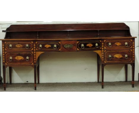 An attractive and fine quality large George III style inlaid Sideboard, the shaped shelf back over a satinwood banded large b