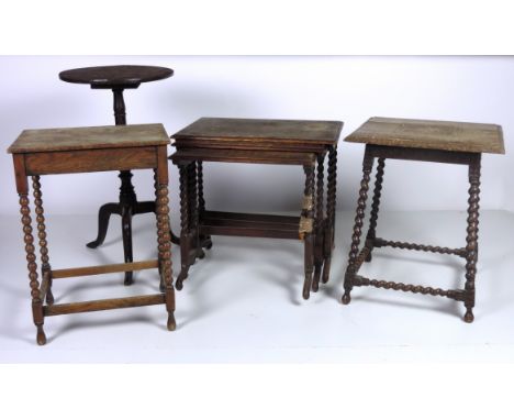 A small late 18th Century oak Tripod Table, a small square carved oak Occasional Table, and a nest of oak Tables with barley 