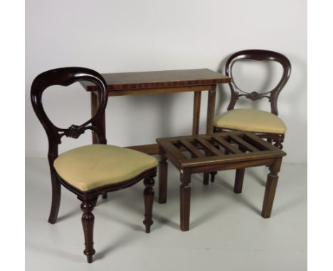 A narrow rectangular two tier Side Table, an old pine Trunk Rest, and a pair of Victorian style mahogany Bedroom Chairs. (4)