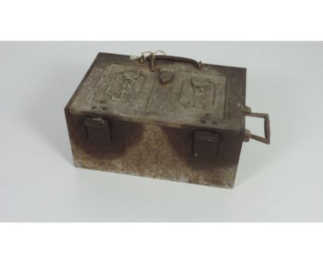 A very heavy early Victorian iron Official Strong Box, with the "Crowned R.," and large carrying handles, approx. 12" x 18" l