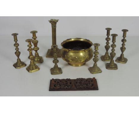 A matching set of 4 brass Candlesticks, a pair of ditto, two others, a brass Corinthian style Lamp Base, an Art Nouveau brass