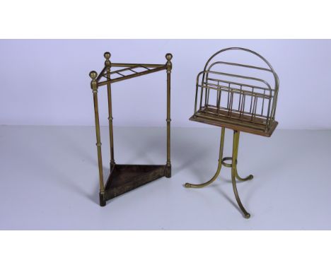 An Edwardian brass and metal Corner Stick & Umbrella Stand, together with a brass and oak Magazine Stand. (2)