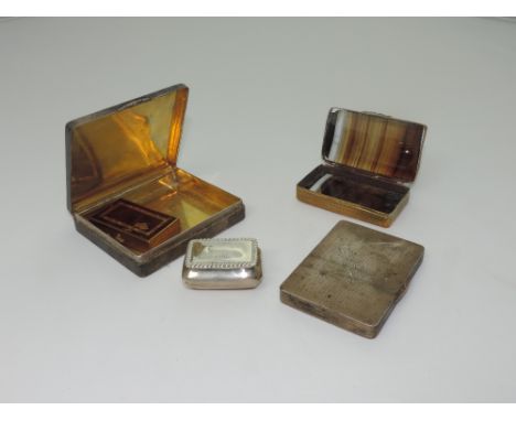 Two varied machine engraved silver Cigarette Cases, one with hunting crop on lid, a small casket shaped silver Snuff Box, app