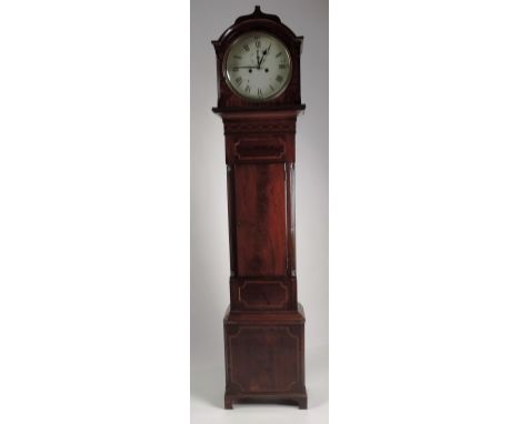 An attractive George III period English Longcase Clock, the circular hood enclosing white enamel dial over a figured and inla