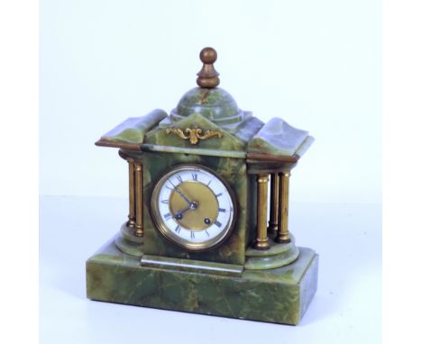 An onyx green marble Mantel Clock, in the shape of a temple with six reeded gilt pillars. (1)