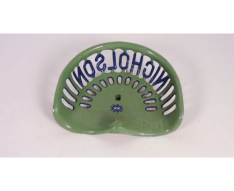 A "Nicholson" Tractor Seat, painted olive green and blue, cast no: 1740, G.B. 45.5, Rate , FR 758, Rate 6. (1)