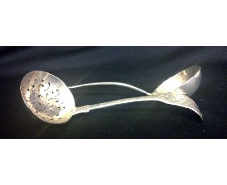 An attractive Sifter Ladle, engraved with flowers etc., London 1791, possibly by Cornelius Bland; also a similar plain Sauce 