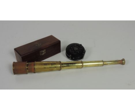 A "J.W. Young & Sons Ltd., Redditch England - Fifteen Hundred Series 1505" Fishing Reel, together with a brass Telescope in w