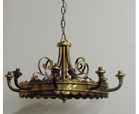 A large matching pair of heavy brass 8 lamp wheel shaped Ceiling Lights, with scroll decoration, approx. 16" high. (2)