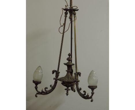 A good quality early 19th Century three lamp gilt brass Ceiling Light Fitting, decorated scrolls, approx. 153cms (60") high. 