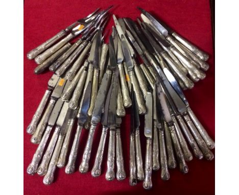 A large collection of approx. 50 early 19th Century silver and silver plated Knife Handles, Kings pattern, on worn steel blad