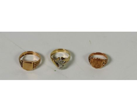 An attractive modern set 9ct gold Engagement Ring, with two small stones, and two 9ct gold Signet Rings with shield shaped pl