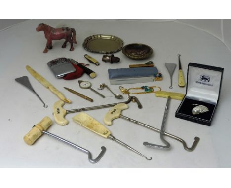 A group including ivory handled Boot Pulls, a small brass enamel Tray, a bundle of other items, gold pen, brooches, tie pin, 