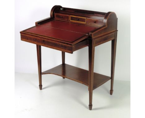 An extremely fine George III style Edwardian inlaid Ladies Writing Desk, the satinwood inlaid domed top with pull-out opening