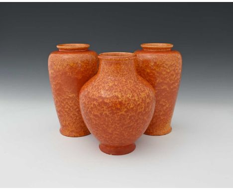 Pilkington, three Royal Lancastrian orange vermillion glazed vases, shouldered and ovoid forms, including shape 2369, 23cm hi