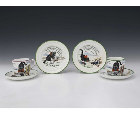 Paragon China, Pussy's Flying Stunt, two china trios, comprising two cups, two saucers and two side plates, 7cm high, illustr