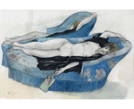 Edmond Delescluze (Belgian, 1905-1993), 'Girl on a Sofa', signed l.r., titled verso, watercolour, 27 by 41cm, framed
