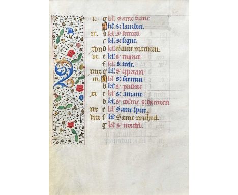 A collection of Medieval illuminated vellum manuscript pages, mostly French 15th Century or earlier, many with gilt and polyc