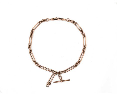 A 9ct rose gold trombone link double Albert watch chain, with central T bar, 42.5cm long, 56.3g