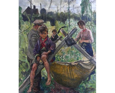Dame Laura Knight R.A. (British, 1877-1970), 'Hop Picking', signed l.r., titled on a 1971 Royal Academy label verso, oil on c