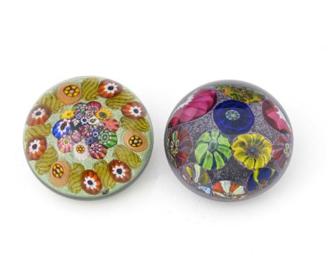 Paul Ysart, a large millefiori and aventurine glass paperweight, jade ground with random close packed cane centre, within alt