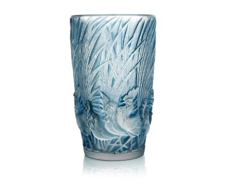Rene Lalique, a Coques et Plumes glass vase, model 1033, designed circa 1928, frosted with blue staining, etched mark R Laliq