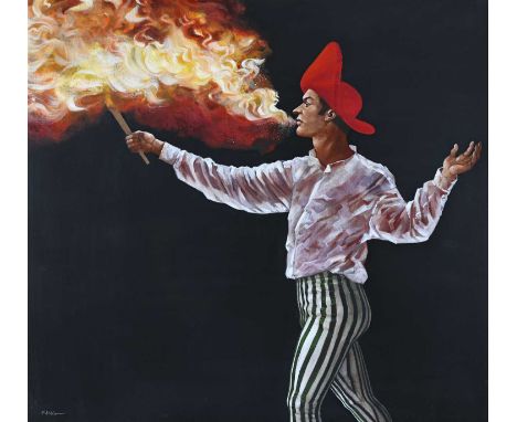 Alan King (Scottish, 1946-2014), 'The Man Who Ate Fire', signed l.l., titled and dated 2006 verso, oil on canvas, 62 by 68cm,