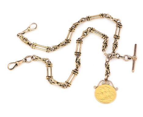 A 9ct gold fancy double rod and knotted rope link watch chain, with a George V sovereign fob, 1914, 46cm long, 53.5g
