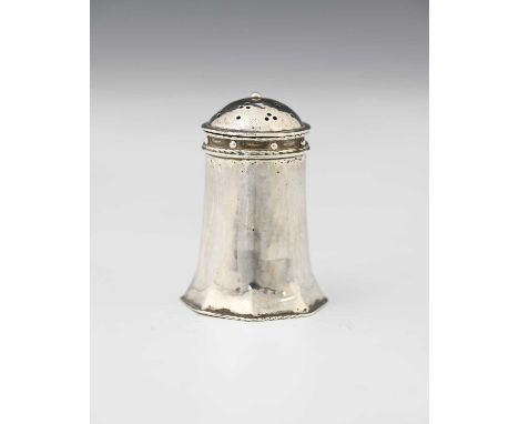 John Sidney Reeve, an Arts and Crafts silver pepper pot, Birmingham 1911, octagonal footed pillar pox or lighthouse form, pla