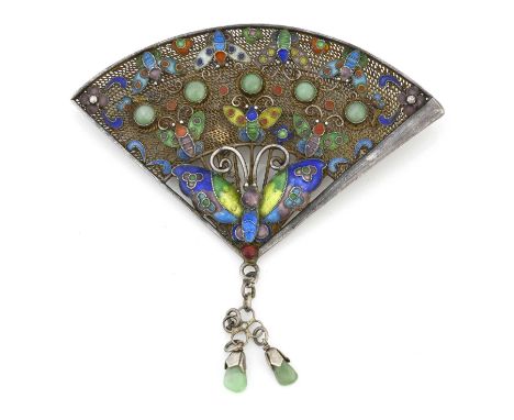 A Chinese silver filigree, enamelled and gem set brooch, in the form of a fan, applied with bands of butterflies and jade cab