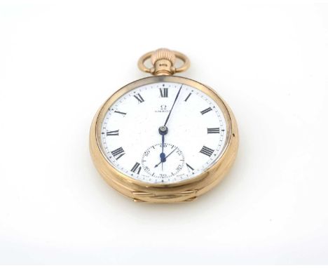 Omega, a 9ct gold pocket watch, circa 1923, open faced, white enamelled dial with subsidiary seconds dial, fifteen jewel move