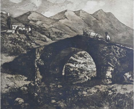 Circle of Frank Brangwyn, man and donkey crossing a stone bridge, indistinctly signed l.r., sepia etching, No.1/200, 48 by 57
