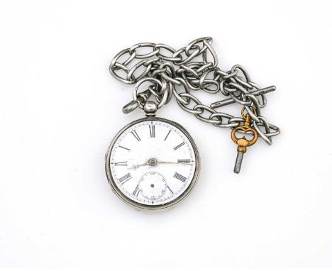 A Victorian silver open-faced pocket watch on silver chain, white enamelled dial and subsidiary seconds dial, 5cm diameter