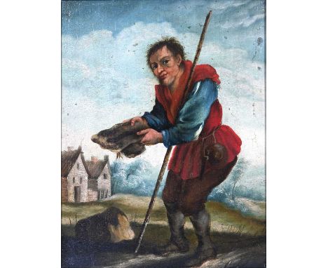 Dutch School, 18th Century, portrait of a Pilgrim, standing in a landscape with a staff, oil on panel, 23 by 18cm, framed