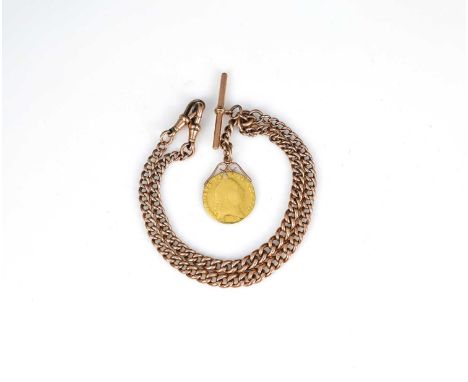 A 9ct rose gold graduated curb link chain, double Albert form, with suspended George II spade guinea, 46cm long, 52.0g