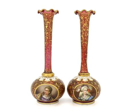 A pair of Bohemian ruby cased glass portrait vases, 19th century, globe and shaft form, each with three opaque plaques painte