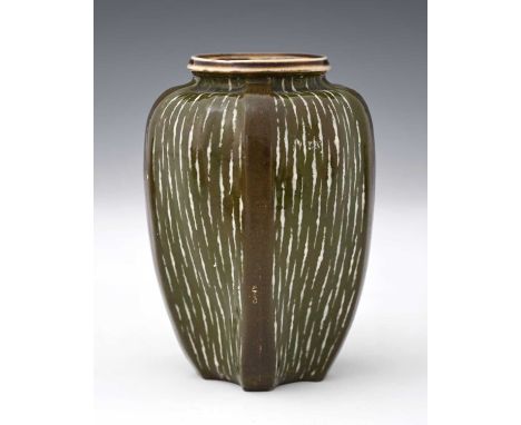 Edwin and Walter Martin for Martin Brothers, a stoneware gourd vase, 1901, shouldered form with five brown glazed buttress pi