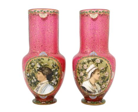 A pair of Aesthetic Movement cased ruby glass and enamelled portrait vases, possibly Jules Barbe and William Stephen Coleman 