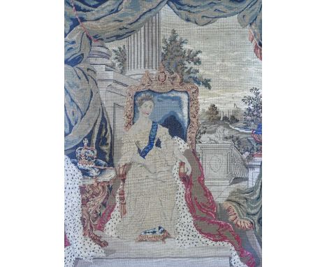 A 19th Century Berlin woolwork embroidery, portrait of Queen Victoria after Sir Charles Edwin Landseer, seated on a throne wi