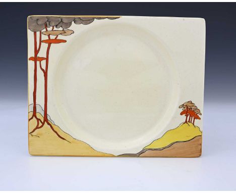 Clarice Cliff for Wilkinson, a Coral Firs Biarritz plate, rectangular, printed Bizarre marks, 26.5cm wide