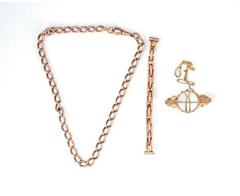 A 9ct gold watch chain, together with a sprung expanding chain and a gold bar brooch mount for a coin, 37cm long, 38.4g (3)