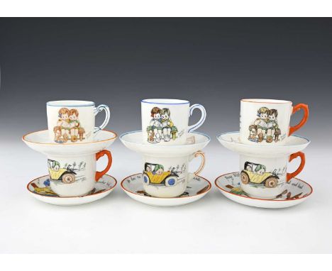 Paragon China, from the Beatrice Mallet series, a harlequin set of six illustrated tea cups and saucers, with child subject m